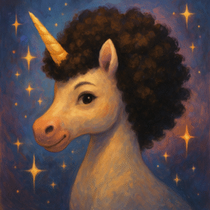 Digital painting of a unicorn with an afro, surrounded by sparkles.