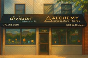 A head-on illustration of the outside of Division Chiropractic in Wicker Park, Chicago