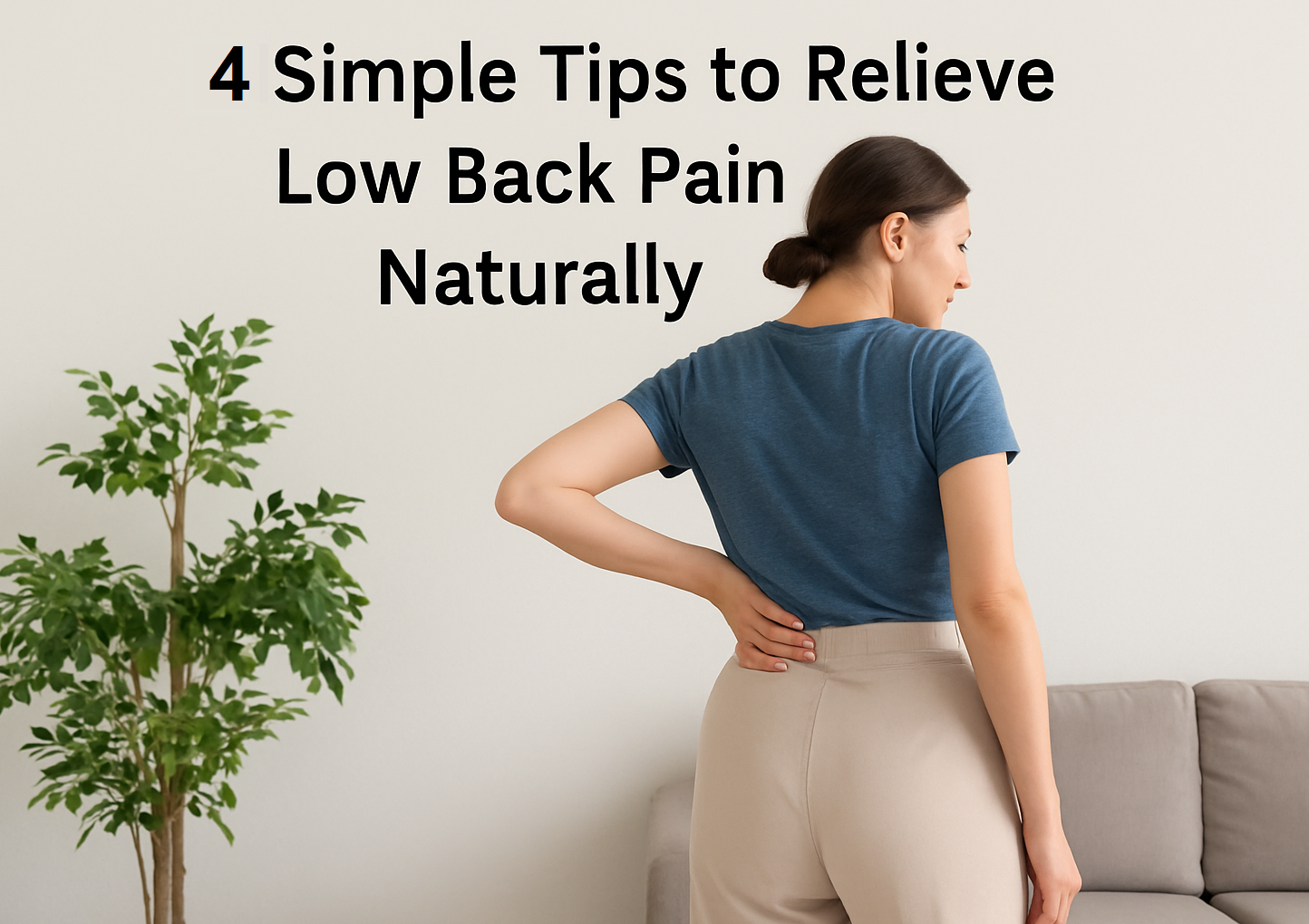 Woman holding lower back in discomfort with text overlay: 4 simple tips to relieve lower back pain naturally