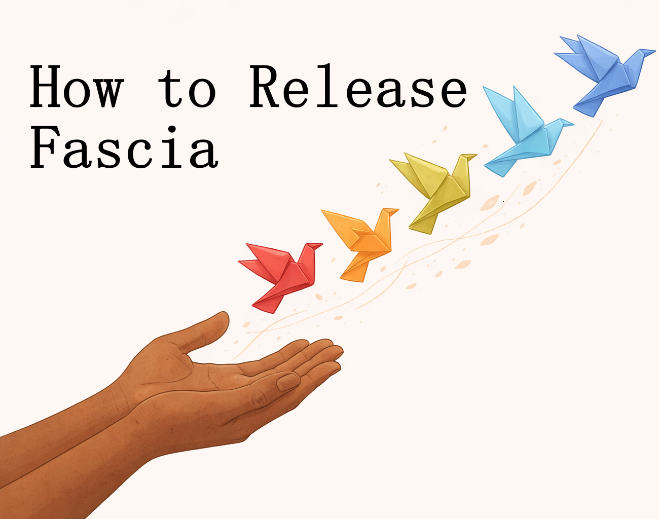 Illustration of two outstretched hands with a flock of multi-colored origami birds flying from the hands. Text above the birds says, "How to Release Fascia"