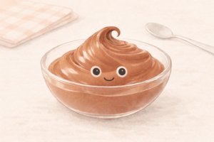 An illustration of a bowl of pudding with eyes and a smile