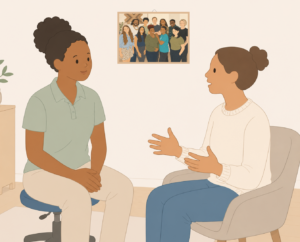 Illustration of a chiropractor listening to a patient speak